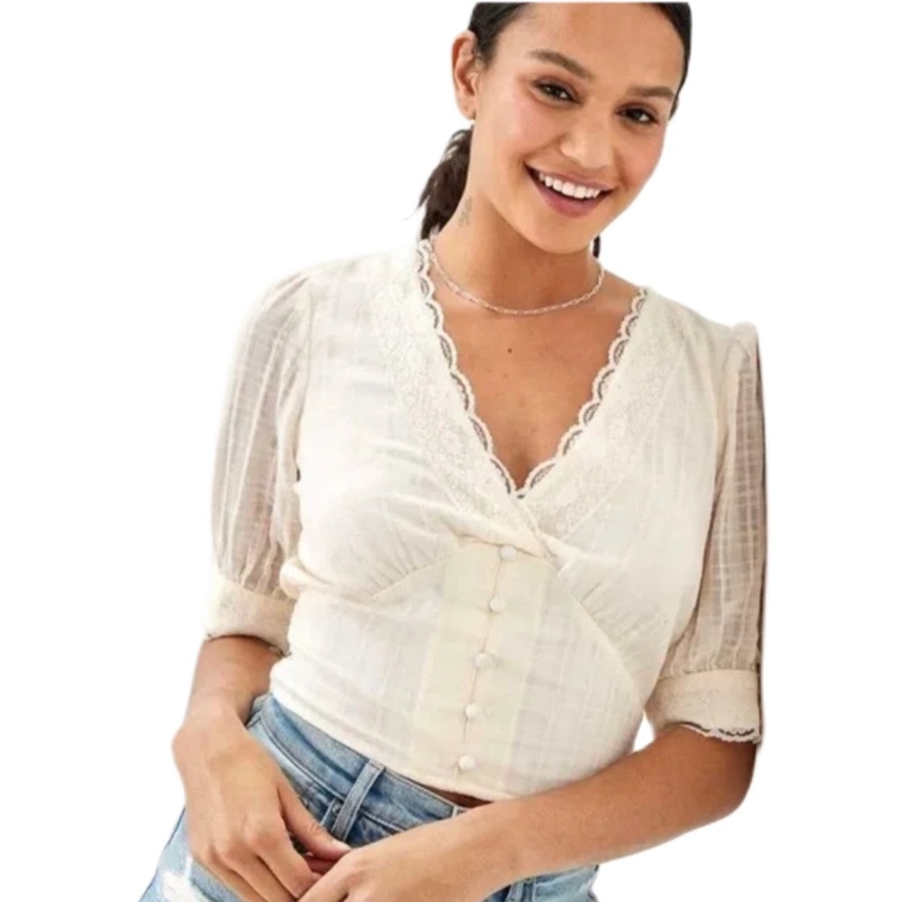 American Eagle Lace Trim Puff Sleeve Top Size Small